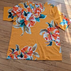 Chico's Orange Floral V-Neck Top with Teal Accents